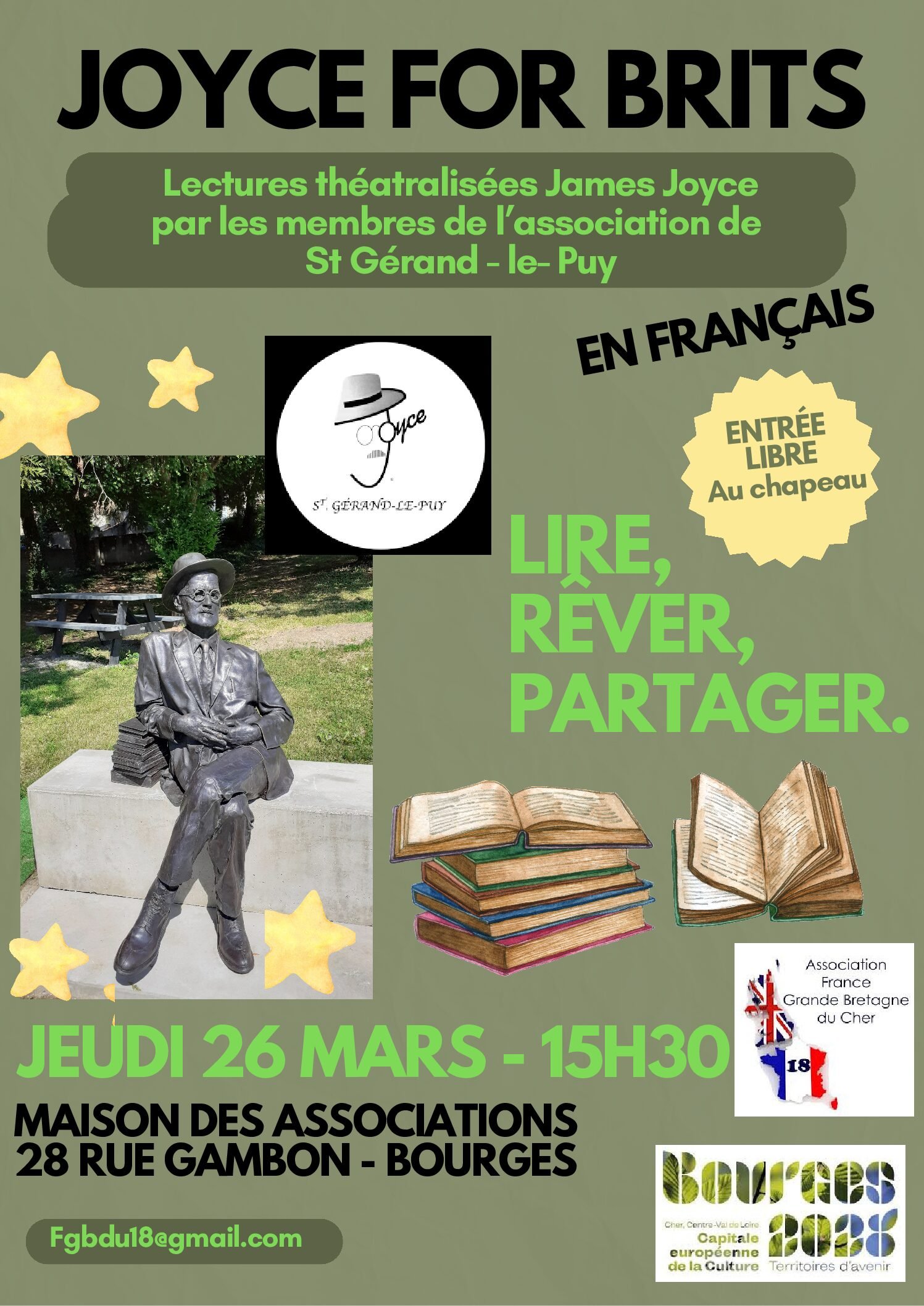 Jeudi 26 mars : Rencontre avec l&rsquo;association James Joyce de St Gérand-le-Puy